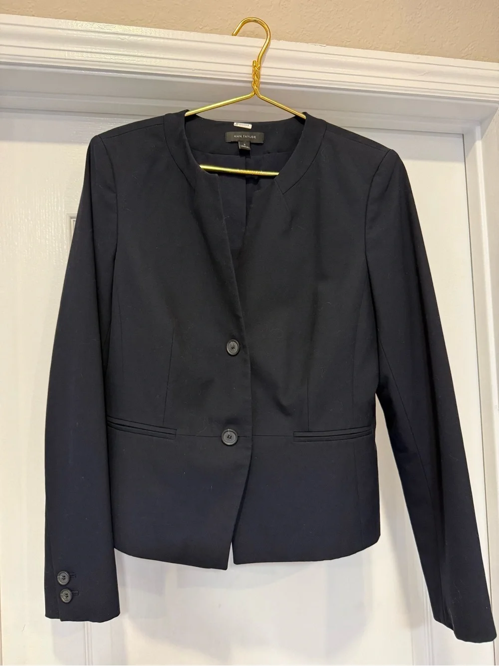 Ann Taylor Navy Collarless Two-Button Blazer